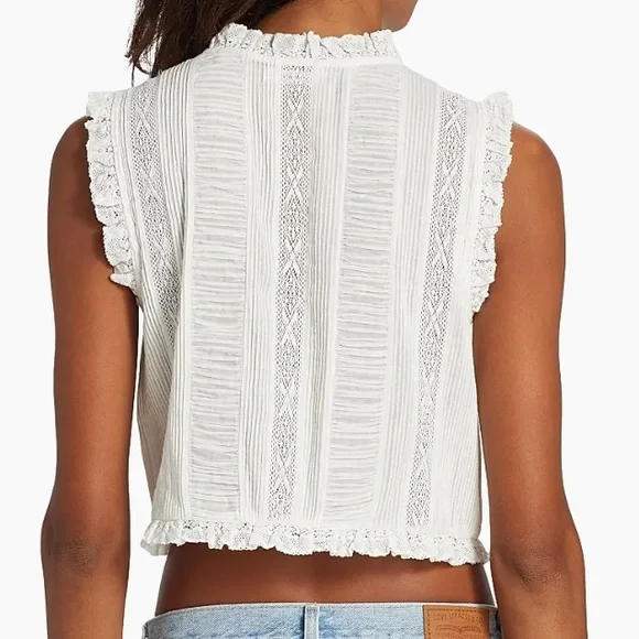 Doen Hallie Cotton Lace Ruffle Button Sleeveless Crop Blouse Top Salt White - Picture 4 of 11
